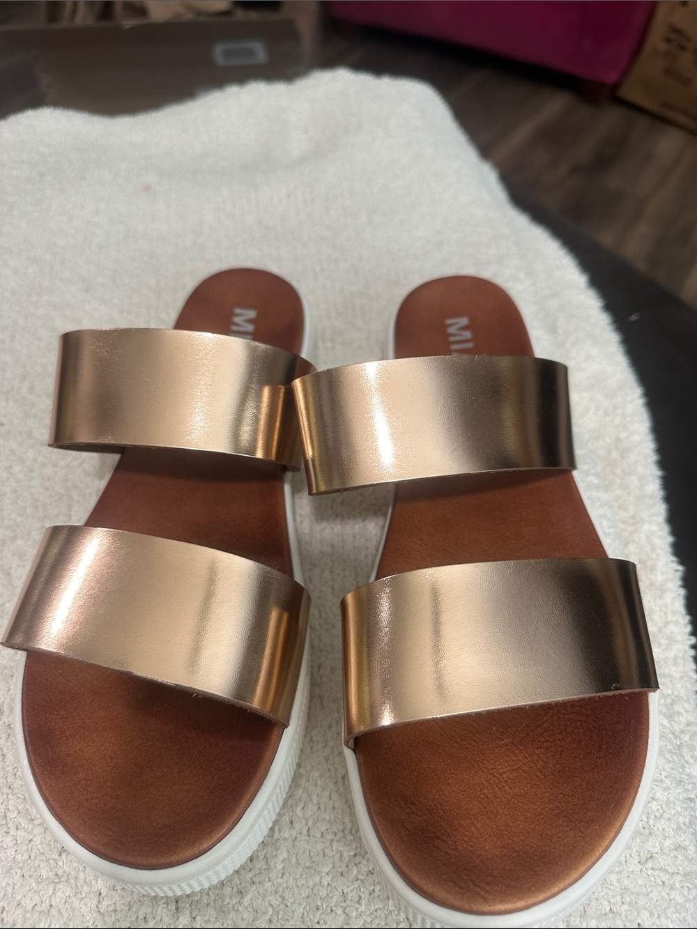MIA Metallic Rose Gold Double Band Slide Sandals